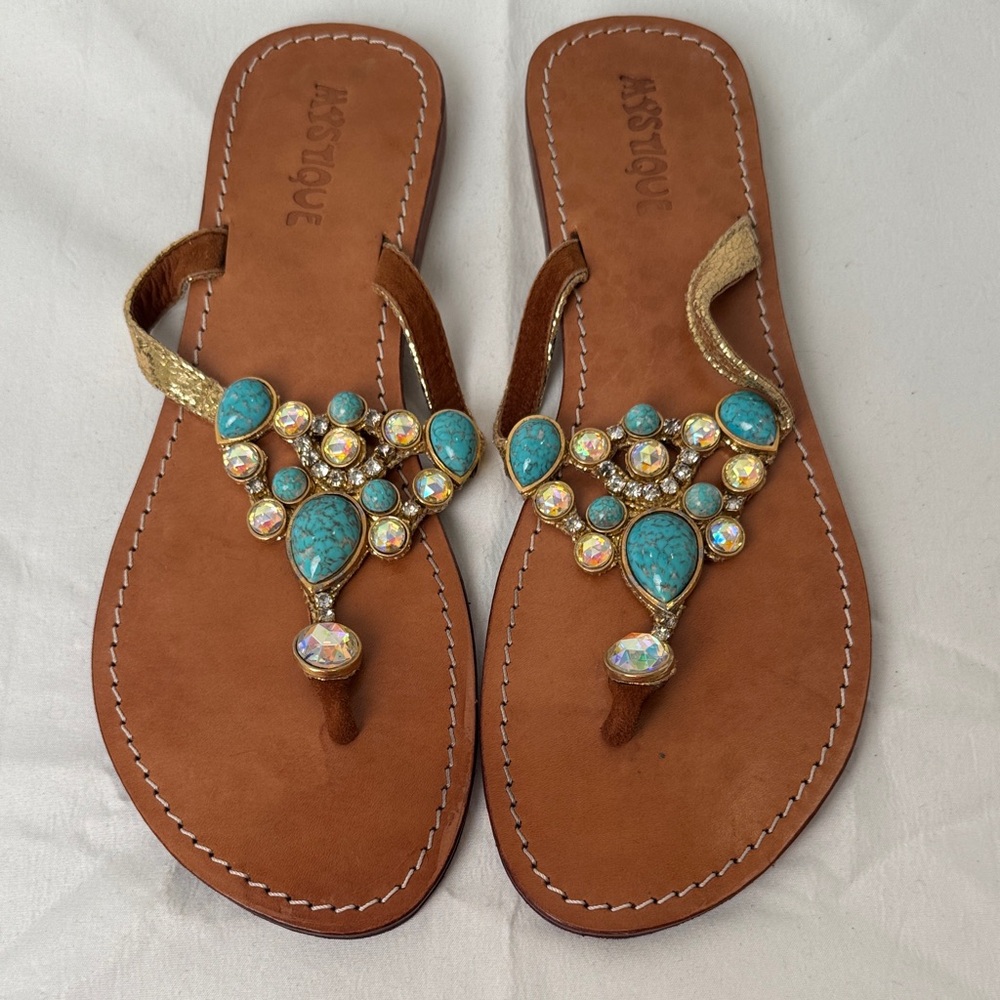 Mystique Boutique Turquoise and Gold Jeweled T-Strap Sandals